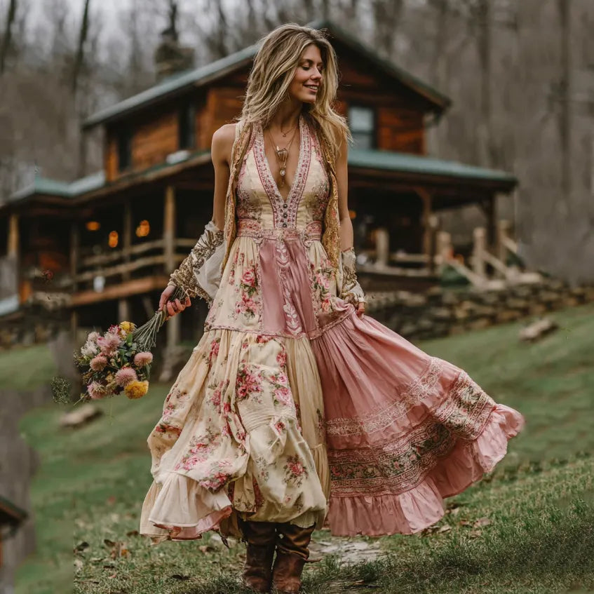 Women's Boho Floral Art Patchwork V Neck Comfy Maxi Dress