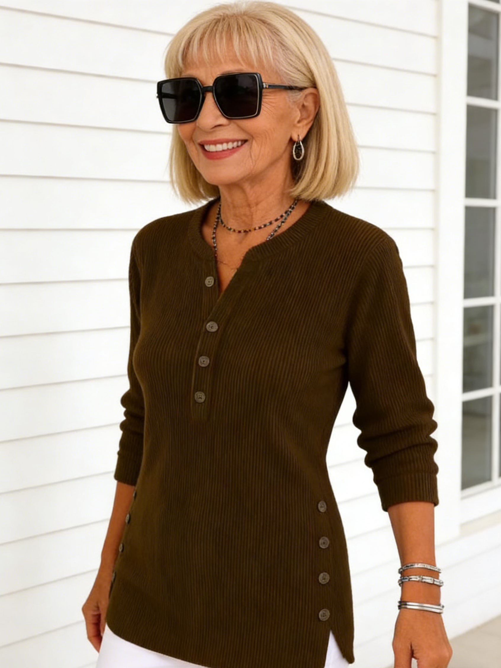 Corduroy Solid Color Loose Casual V-Neck Button Long Sleeve Women's Top T-Shirt