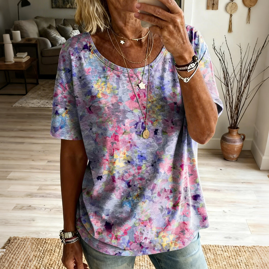 Women's Floral Art Print Short Sleeve Casual T-shirt
