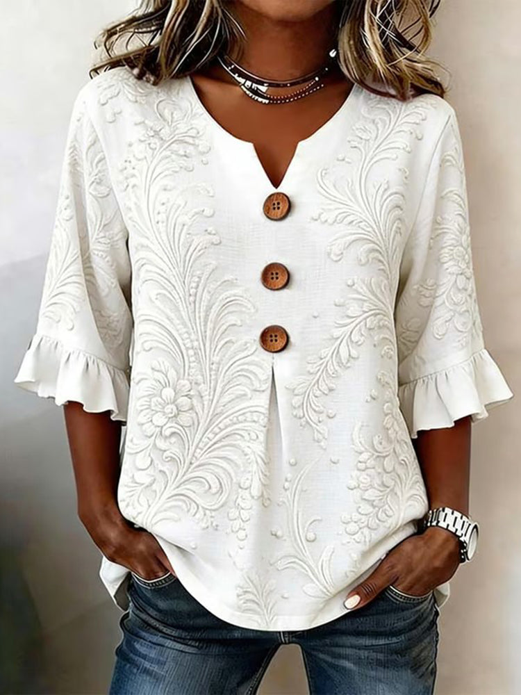 Women's Vintage Casual Jacquard Short-sleeve V Neck Top