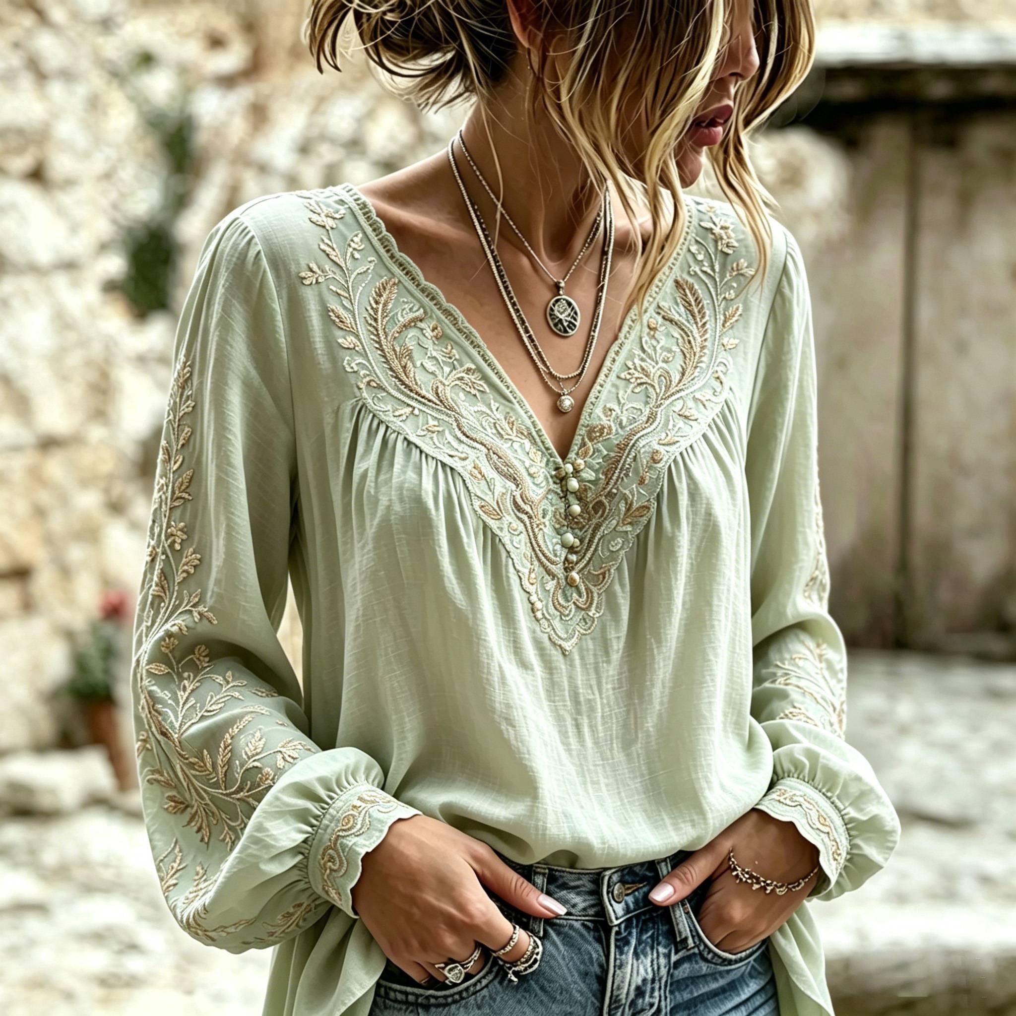 Women's Retro Print Art V-neck Green Long-sleeve T-shirt