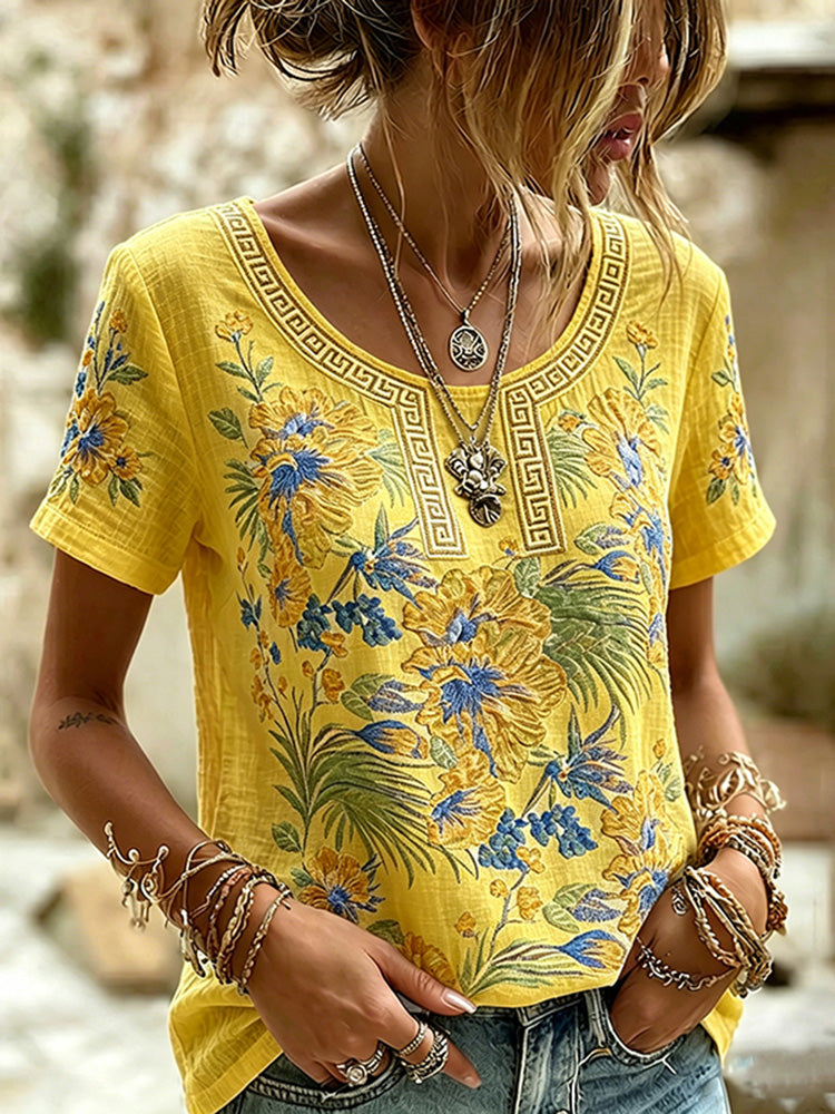 Women's Flower Art Crew Neck Short Sleeve T-shirt