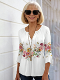 Fashion Women's Floral Print V-Neck Short Sleeve Pleated Button T-Shirt Bottom Shirt