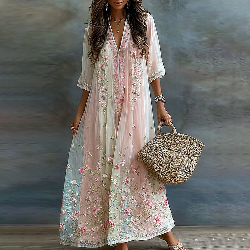 Women's Floral Art Embroidered Linen Blend V Neck Short Sleeve Dress