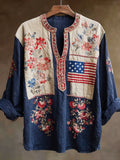 Independence Day Vintage Floral Embroidery Women's Linen V-neck Shirt
