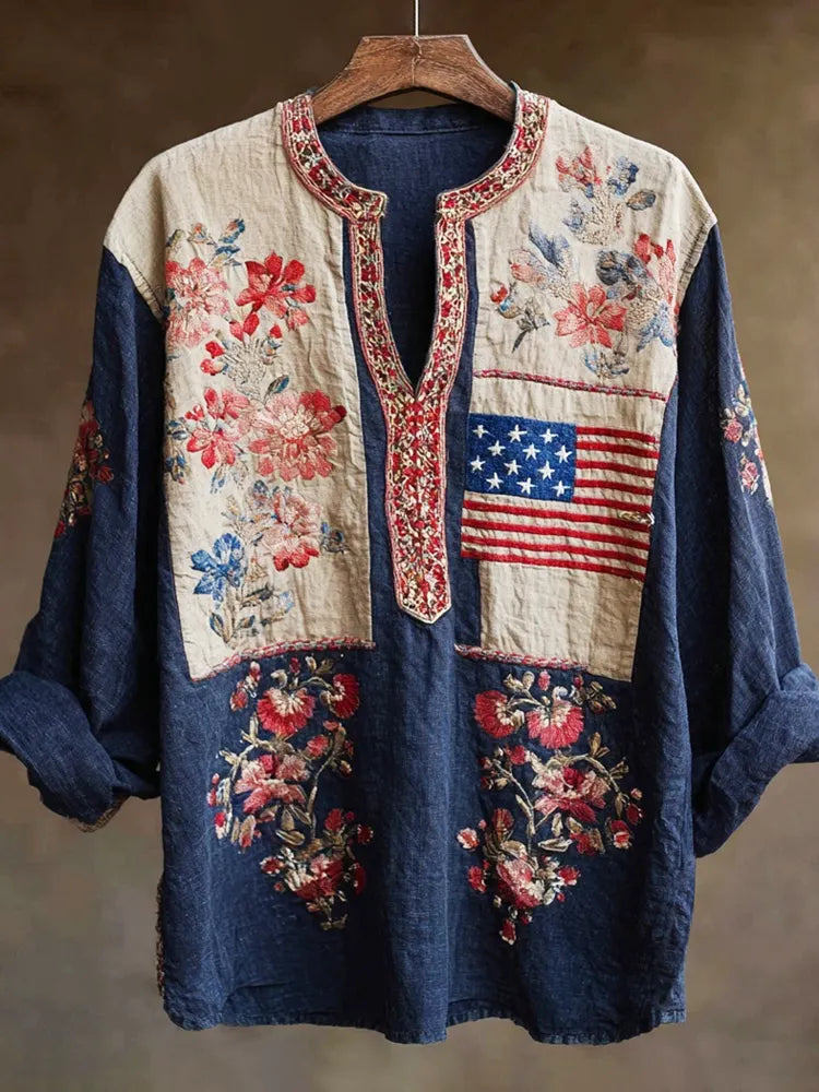 Independence Day Vintage Floral Embroidery Women's Linen V-neck Shirt