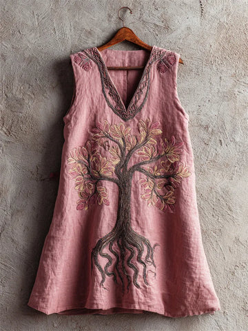 Vintage Pink Tree Of Life Embroidered Linen Tank Top