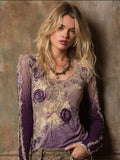 Boho Purple Floral Embroidery Women's Long Sleeve T-shirt