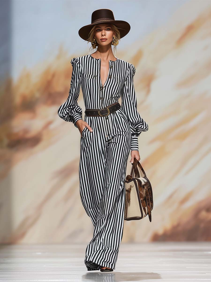 Retro Chic Black And White Striped Puff-Sleeve Belted Wide-Leg Jumpsuit