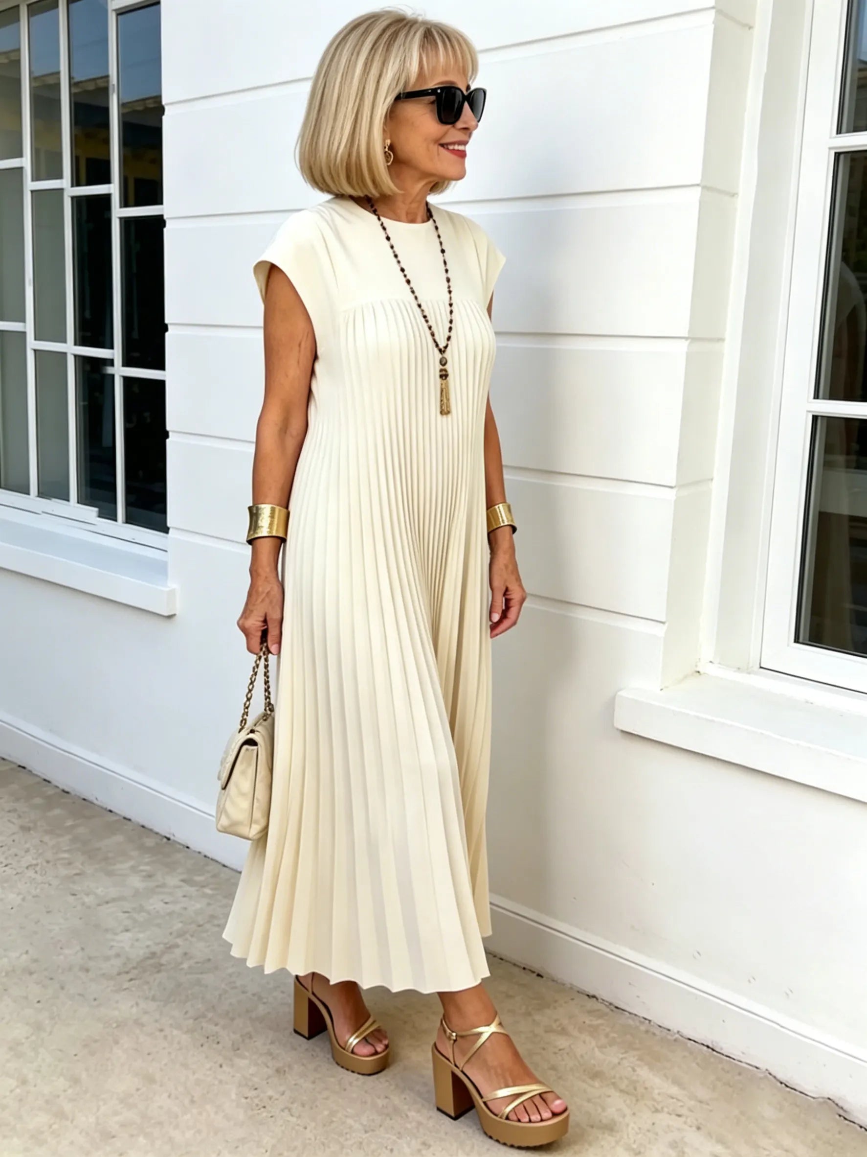 Elastic Dress Women's Elegant Fashion Crew Neck Sleeveless Pleated Long Dress