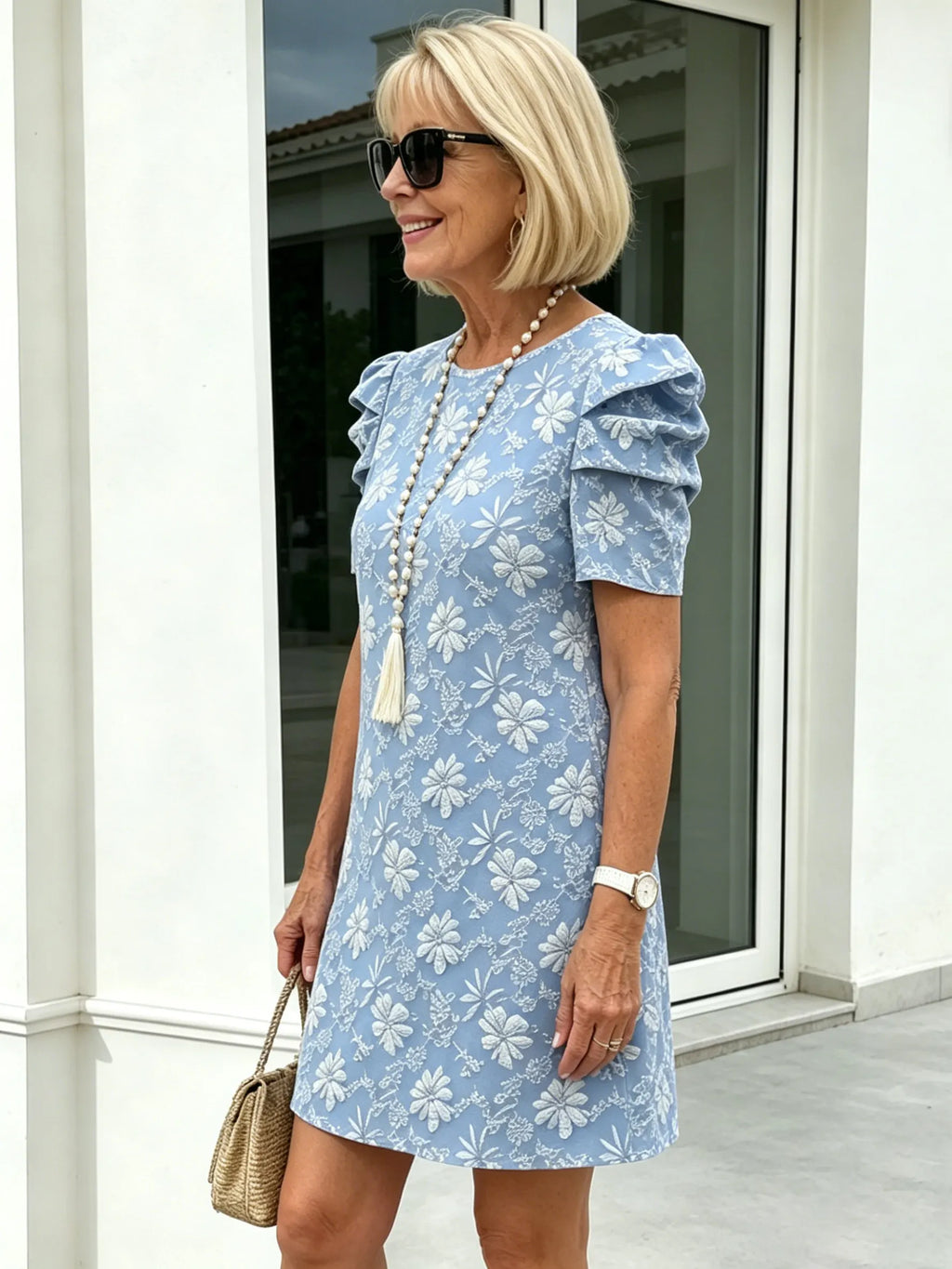 Bubble Sleeve Textured Jacquard Crew Neck Vintage Style Dress