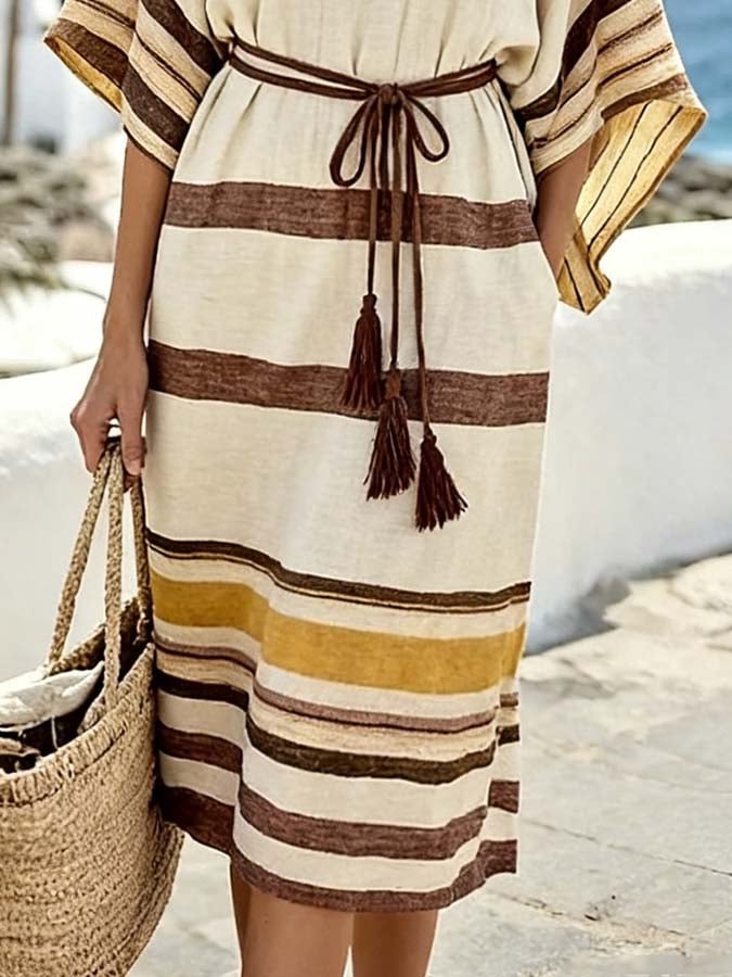 Women'S Casual Color-Block Striped Dress With Tassel Belt