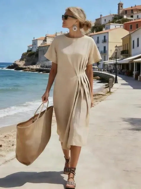 Women's Round Neck, Pleated, Loose-Fitting Short-Sleeved Dress