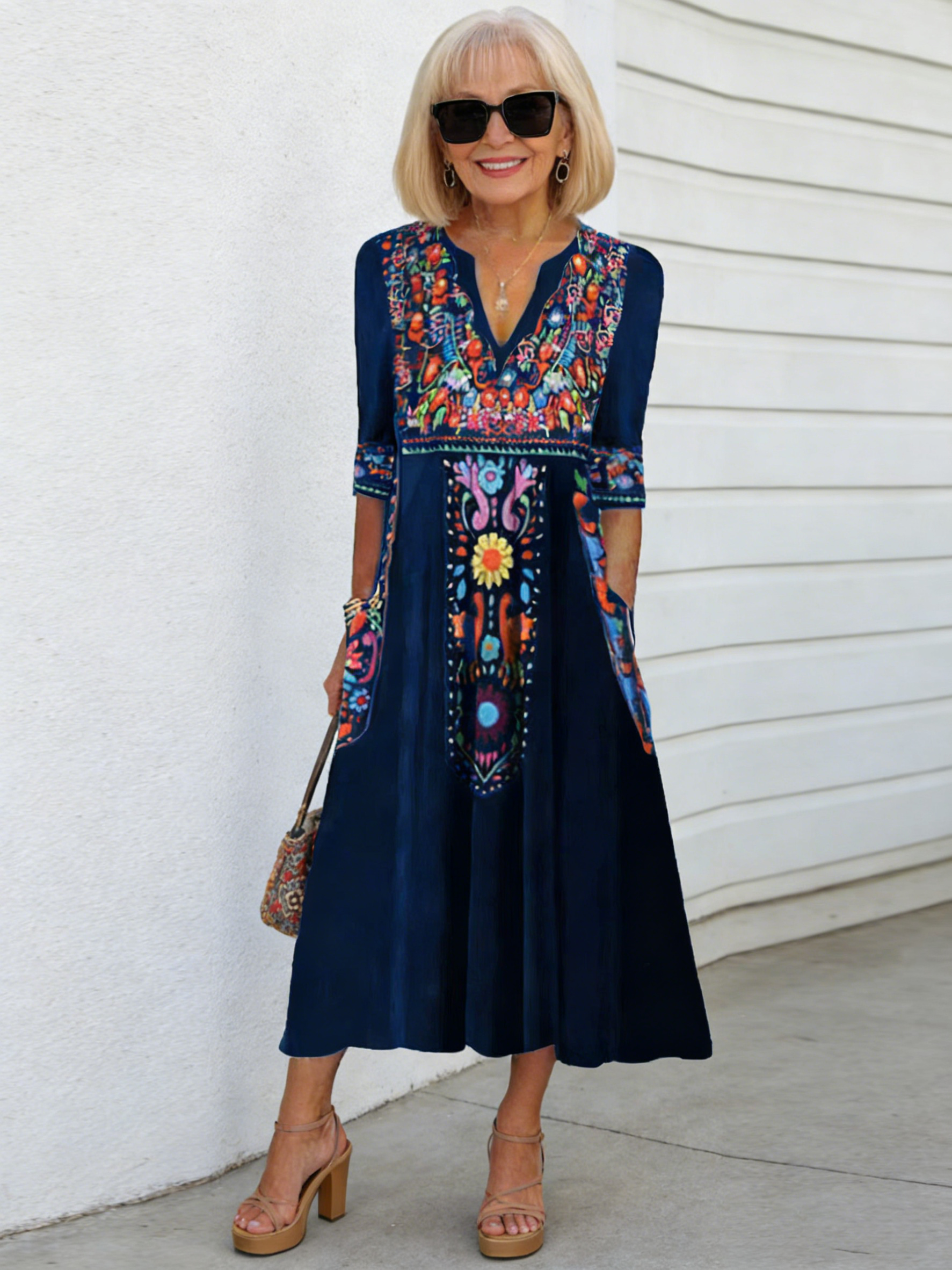 V-neck Pocket Bohemian Print Seven-quarter Sleeve Dress