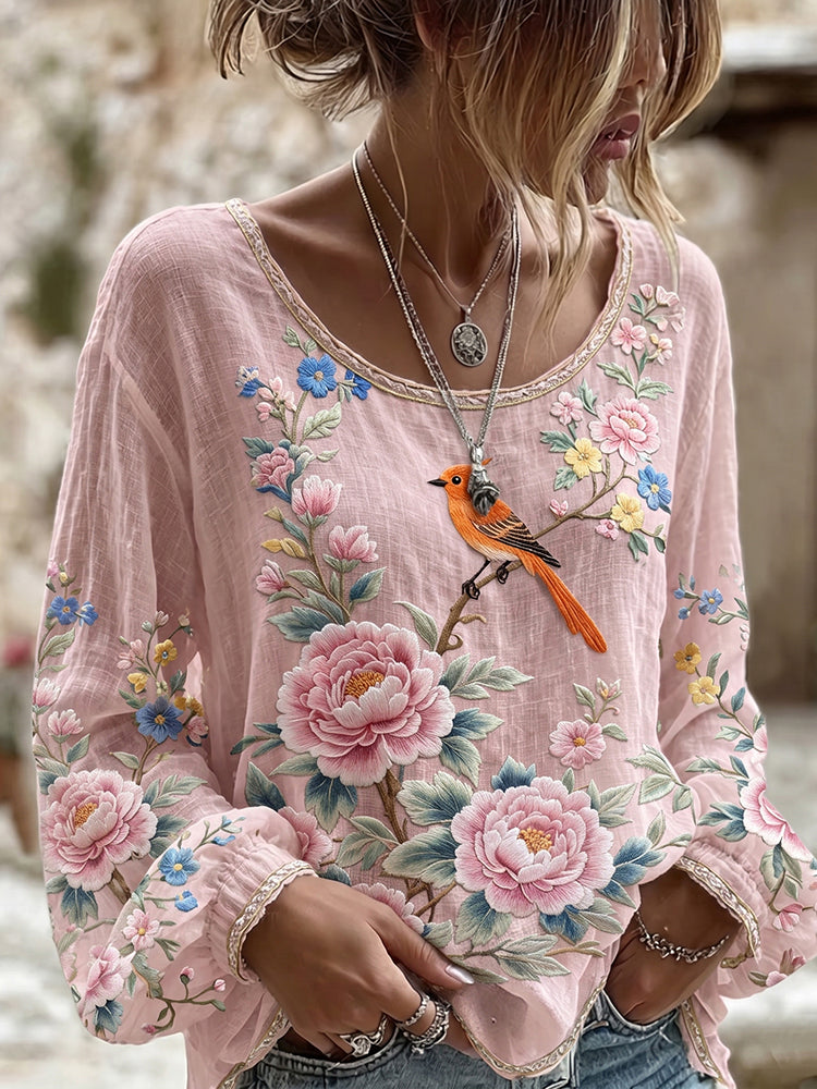 Women's Floral And Bird Print Crew Neck Long Sleeve Linen Blend T-shirt