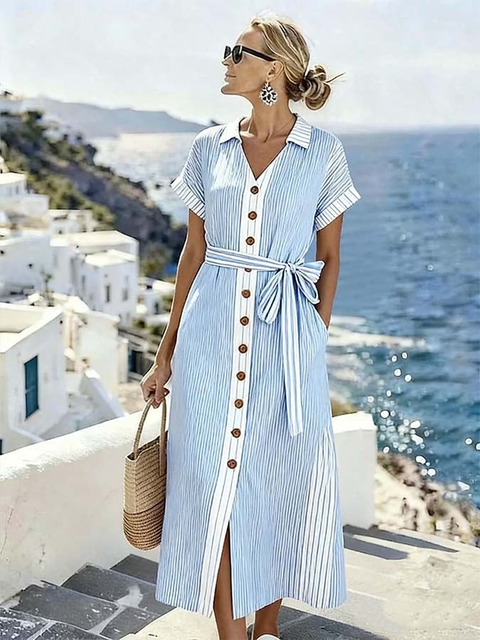 Women'S Casual Color-Block Striped Dress