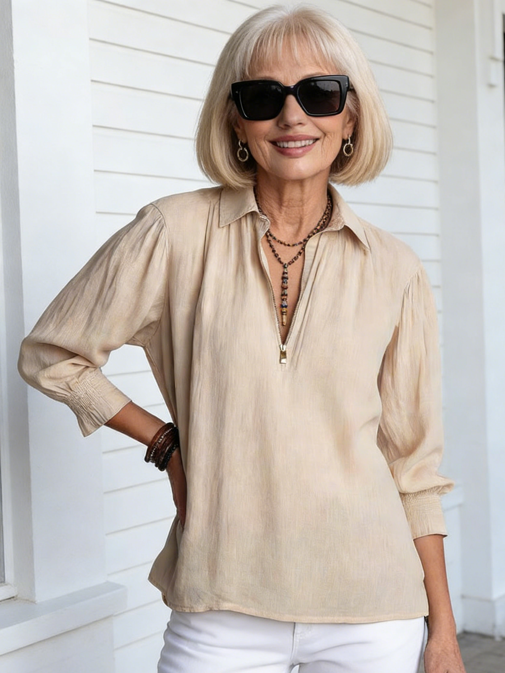 Shirt Collar Pullover Solid Cotton Linen Zipper Loose Women's Shirt