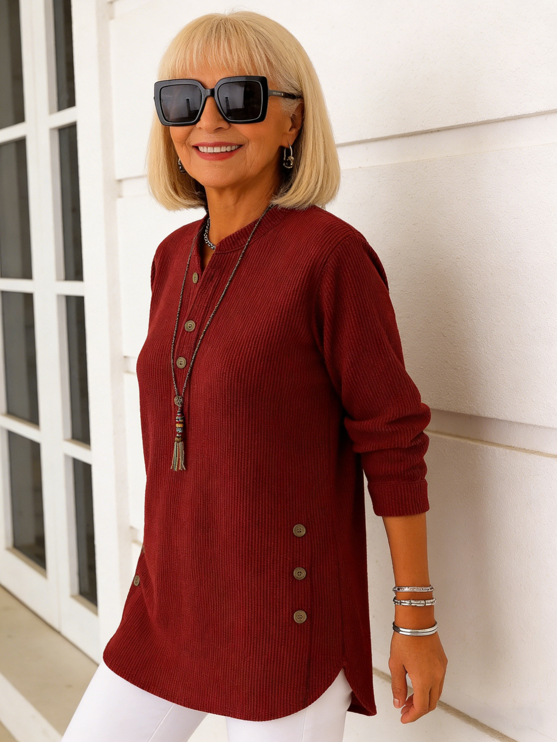 Corduroy Solid Color Loose Casual V-Neck Button Long Sleeve Women's Top T-Shirt