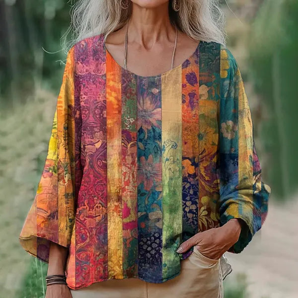 Bohemian Vintage Floral Print Women's Linen Shirt