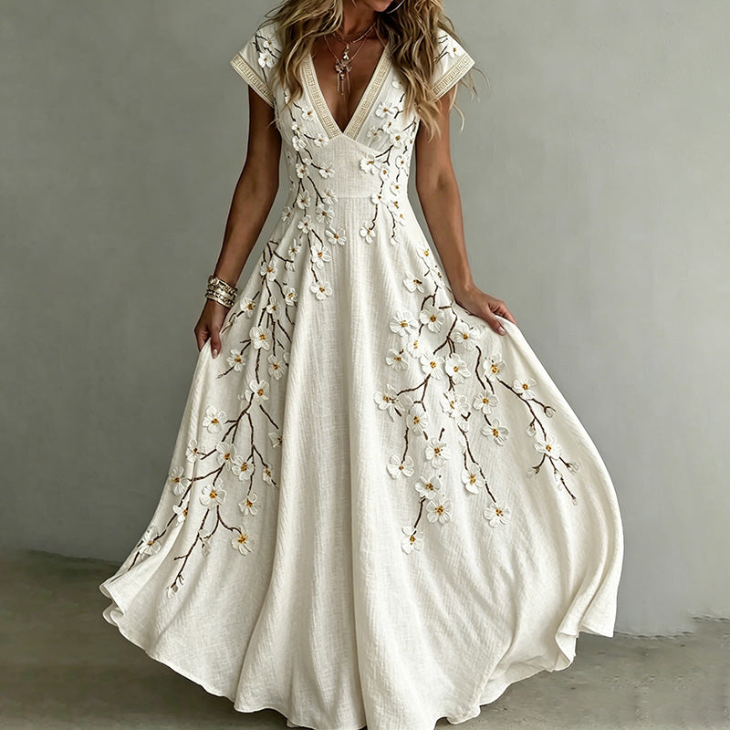 Women's Vintage Floral Art Flowy Linen Blend Maxi Dress