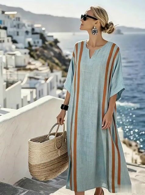 Women'S Casual Color-Block Cotton And Linen Dress