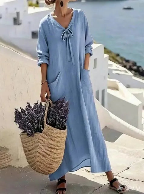 Women'S Casual Solid Color V-Neck Dress