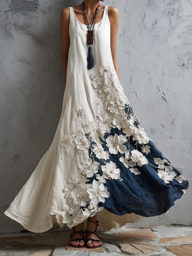 Women's Vintage Japanese Cherry Blossom Embroidered Casual Sleeveless Linen Long Dress