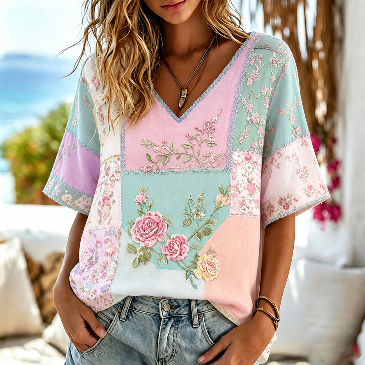 Women's Vintage Floral Patchwork Art Casual V-neck Linen T-shirt