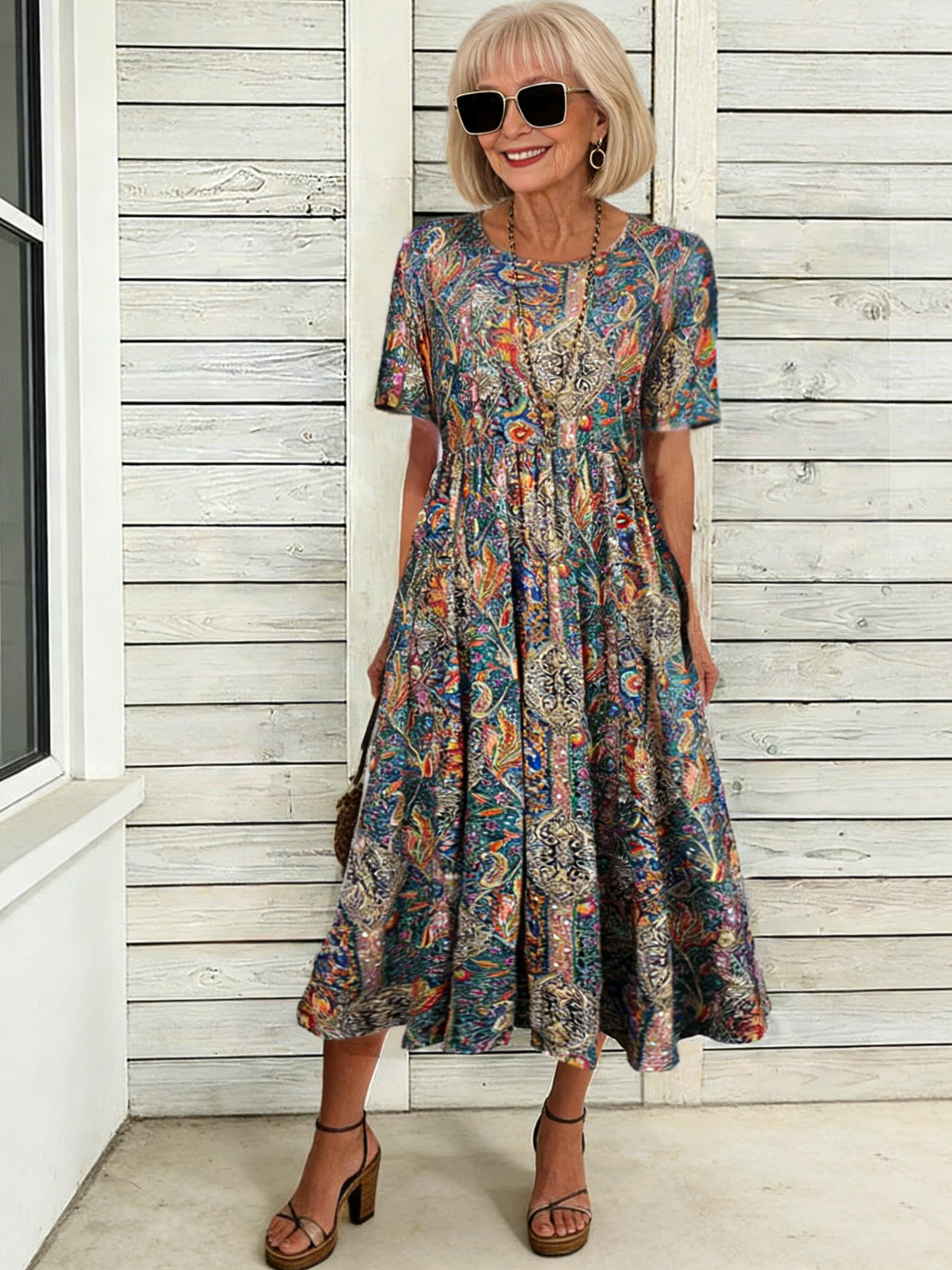 Flower Print Half Sleeve V-Neck Tunic Dress