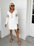 V-neck Long-sleeved Printed Lace Stitching Dress