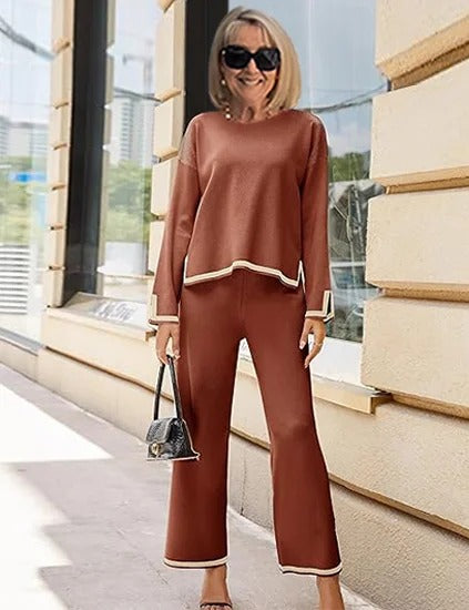 Contrasting Color Split-ended Long-sleeved Knitted Sweater High-waisted and Thin Wide-leg Pants and Trousers Two-piece Set