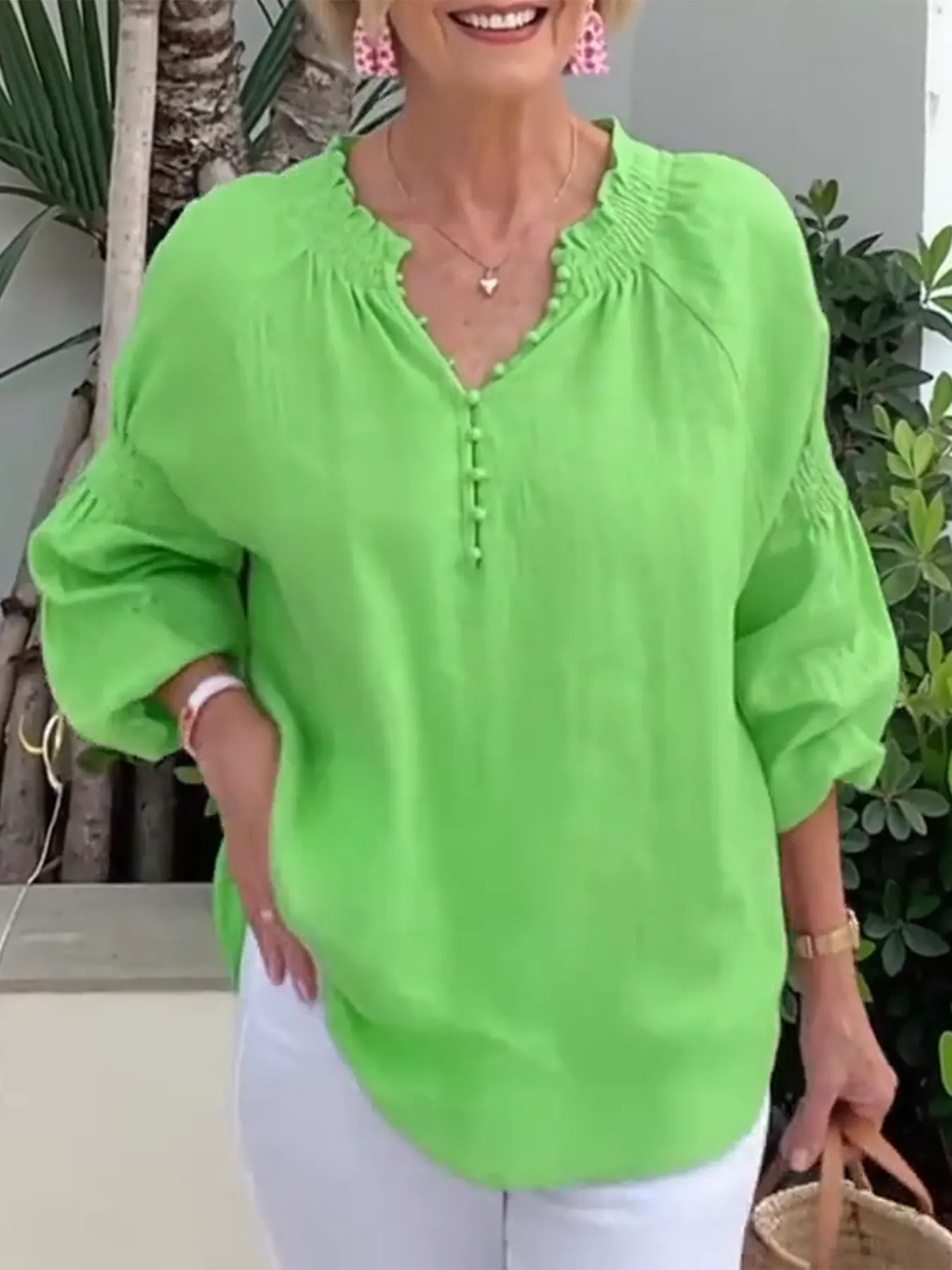 Casual V-neck Solid Color Cotton and Linen Long-sleeved Top