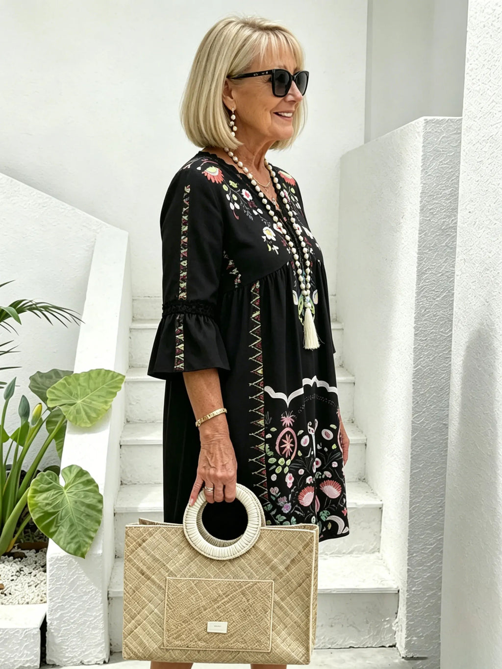 V-neck Printed Lace Stitching Bohemian Casual Vacation Style Dress