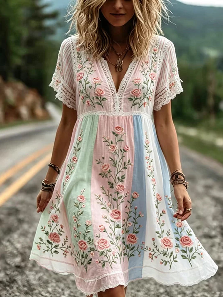 Women's Pink Rose Art Embroidery Striped Textured Cotton Linen V-neck Short Sleeve Playful Dress