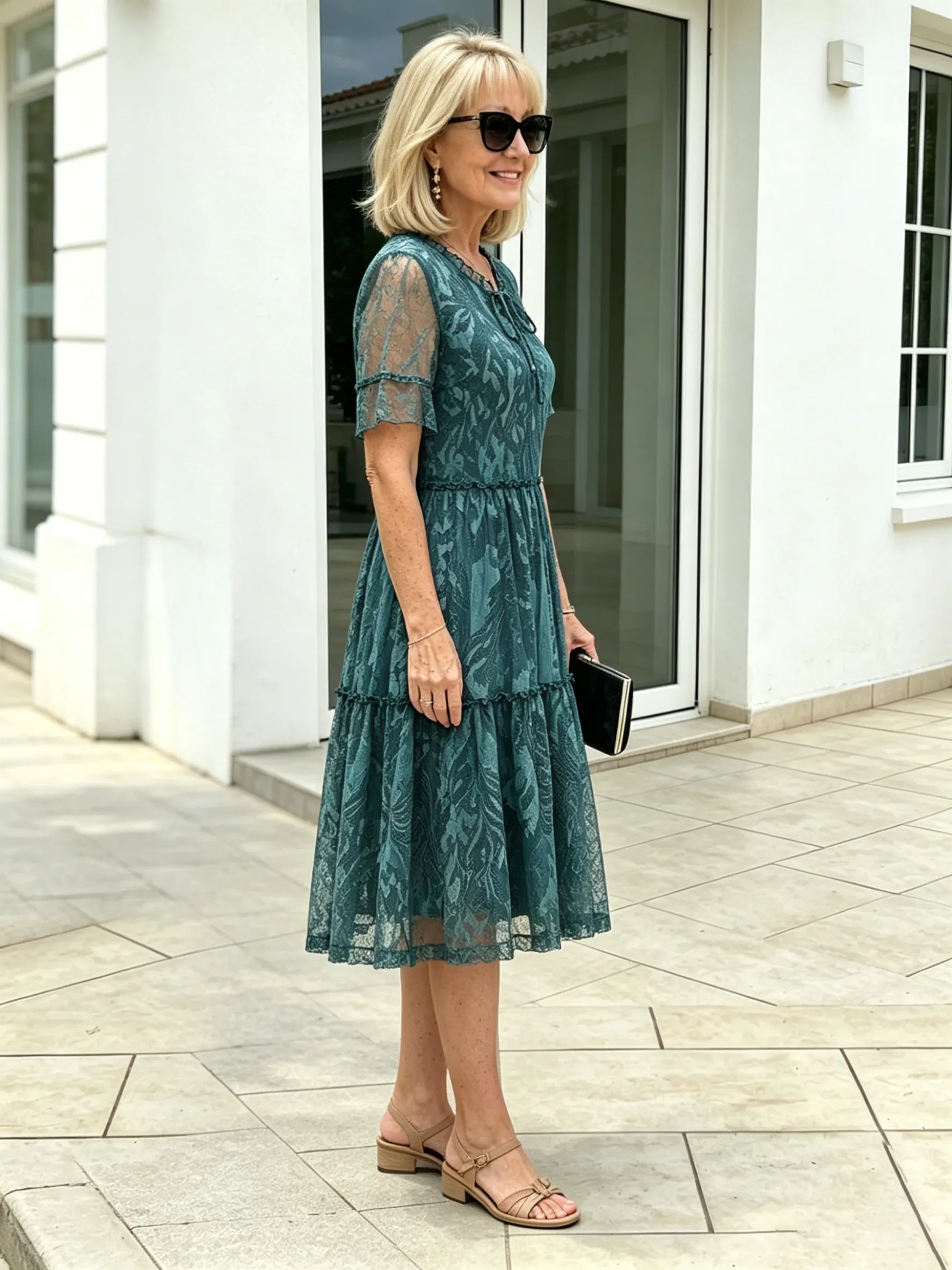 Floral Mesh Dress Large Size Loose and Thin Short Sleeves Fat Girl Middle-aged and Elderly Mother Skirt