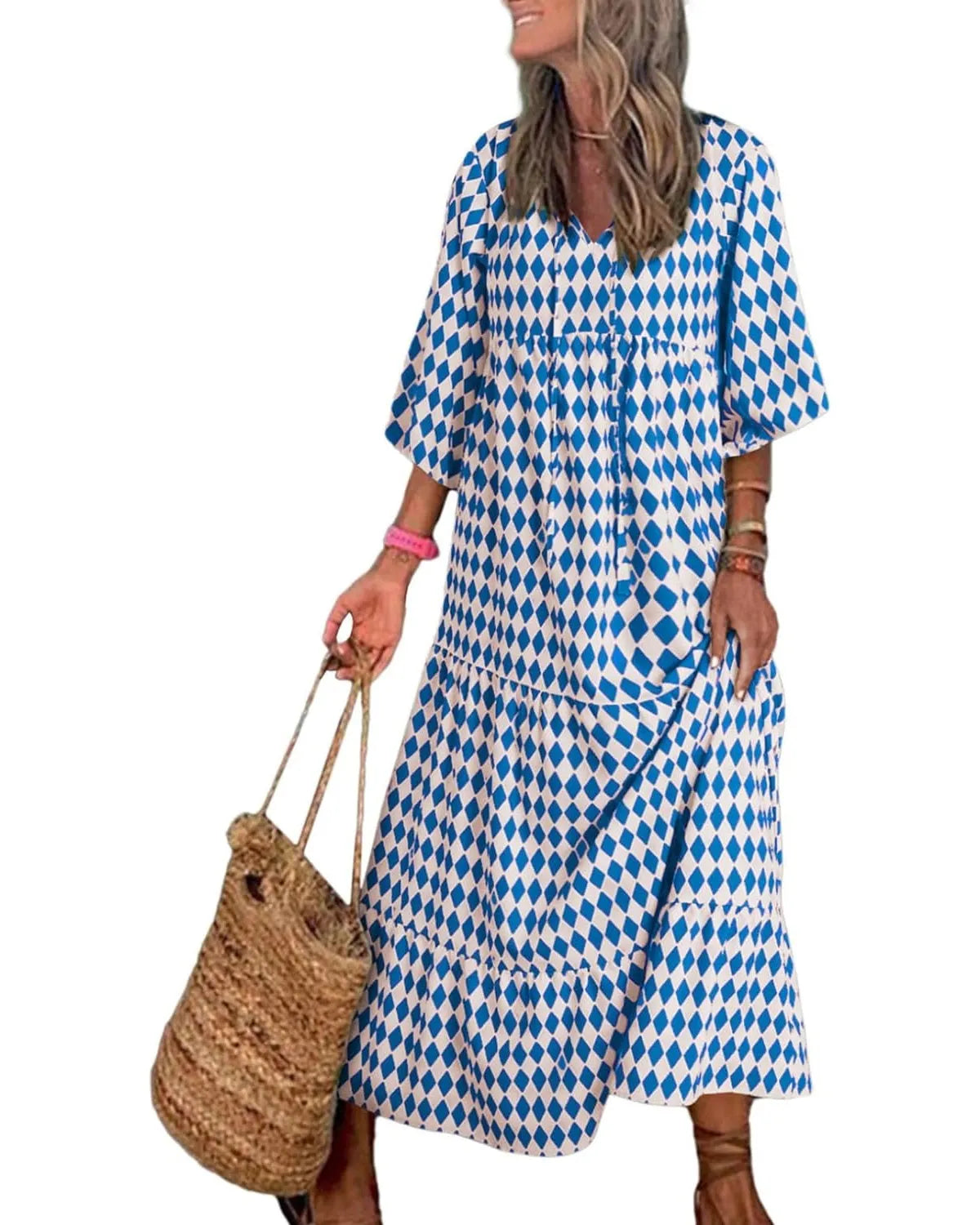 Women's Puff Sleeve Floral Boho Maxi Dress