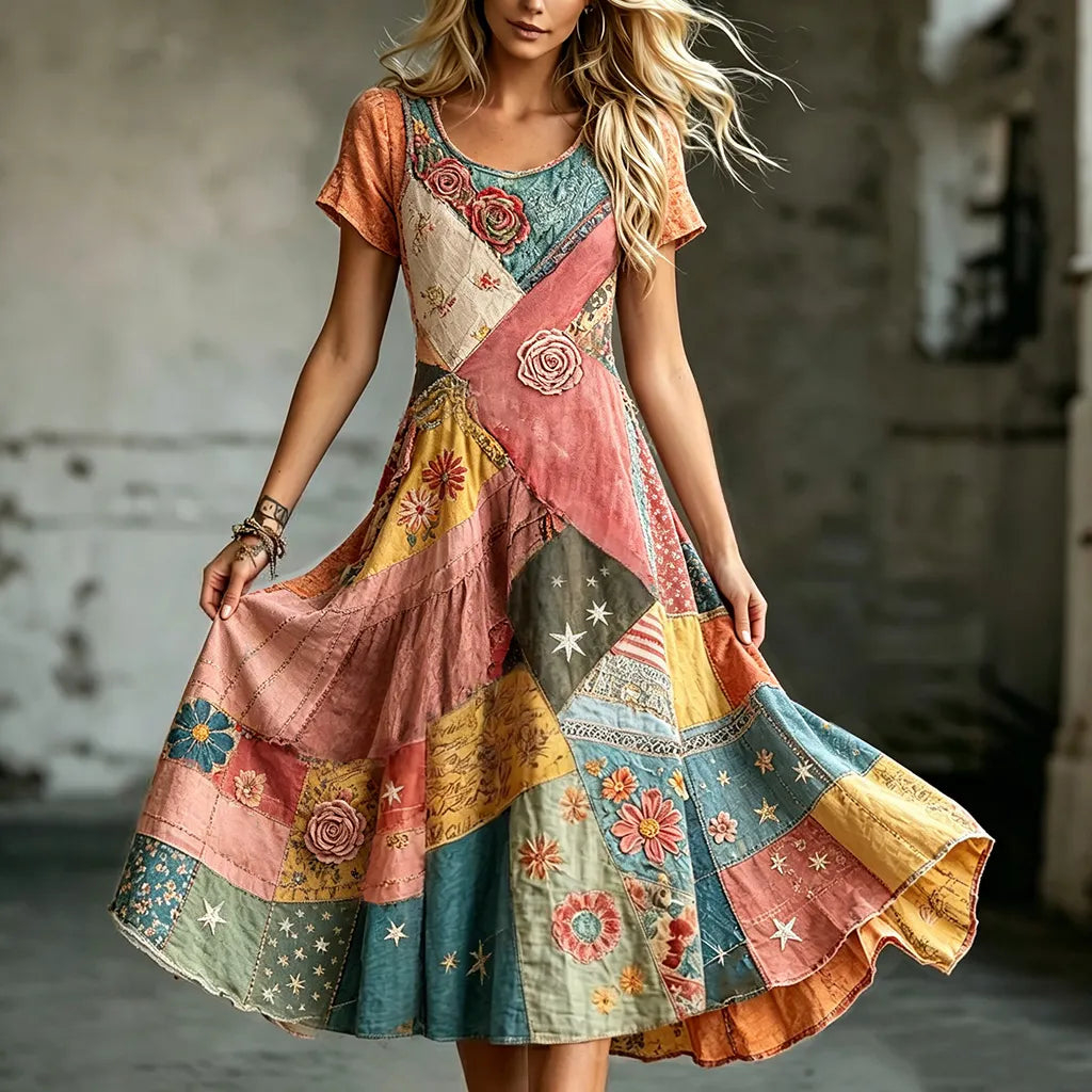 Women's Retro Bohemian Floral Color-blocked Casual Round Neck Dress