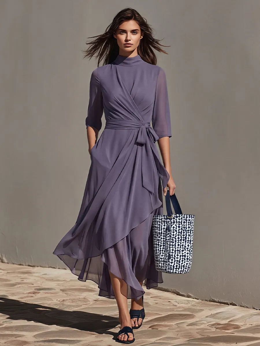 Women's Lavender Chiffon Dress With Sheer Three-Quarter Sleeves & Asymmetric Hem, Modern Effortless-Chic Day Dress MDZ2229D8LYL