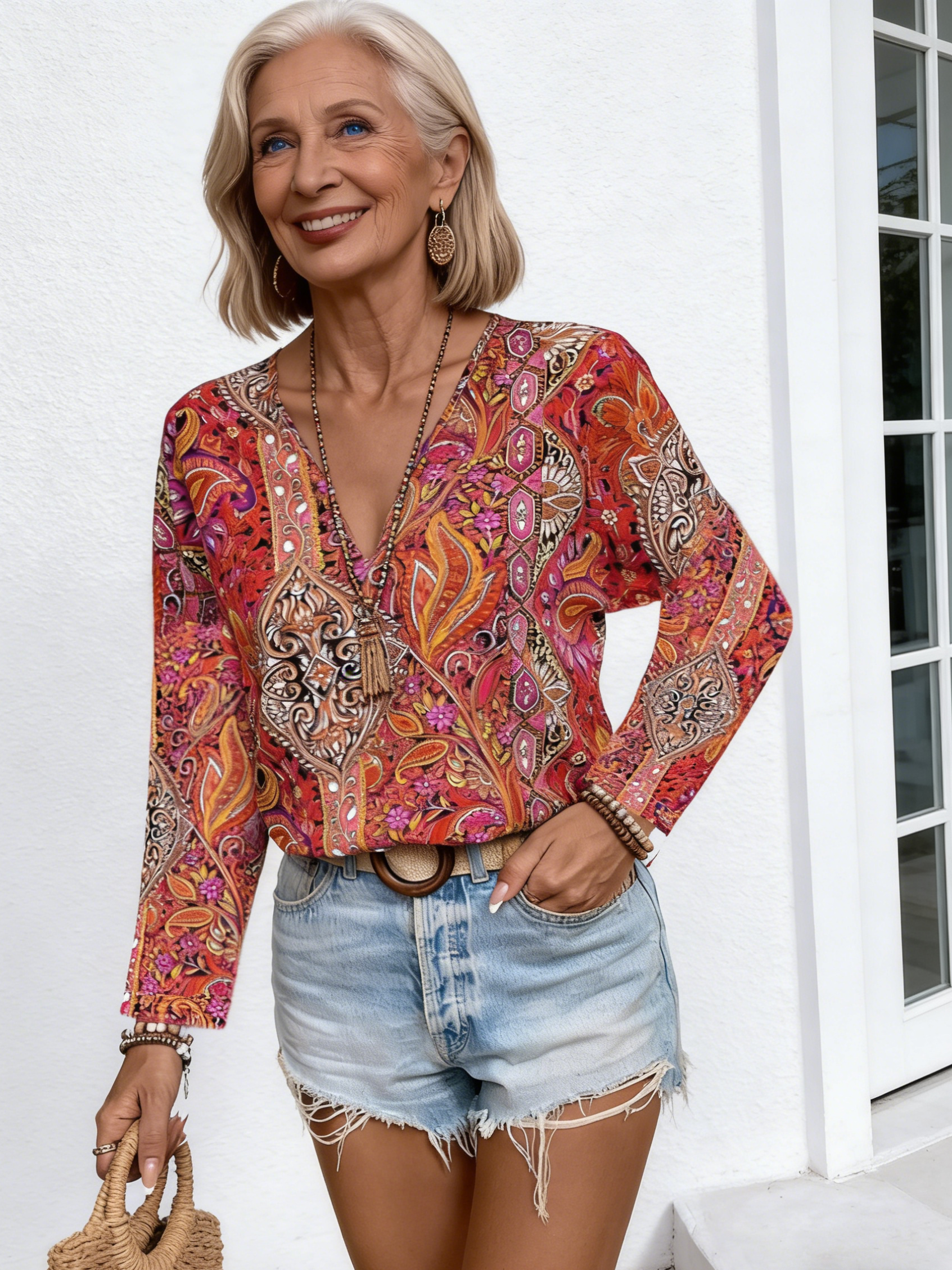 Women's Shirt Paisley Printed V-Neck Long Sleeve Shirt Women's