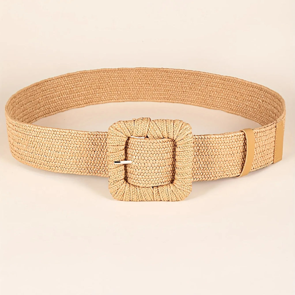 Casual Bohemian Woven Belt For Women Square Buckle Straw Elastic Waist Belt Summer Beach Dress Belts