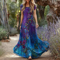 Women's Vintage Rose Floral Pattern Round Neck Short Sleeve Dress