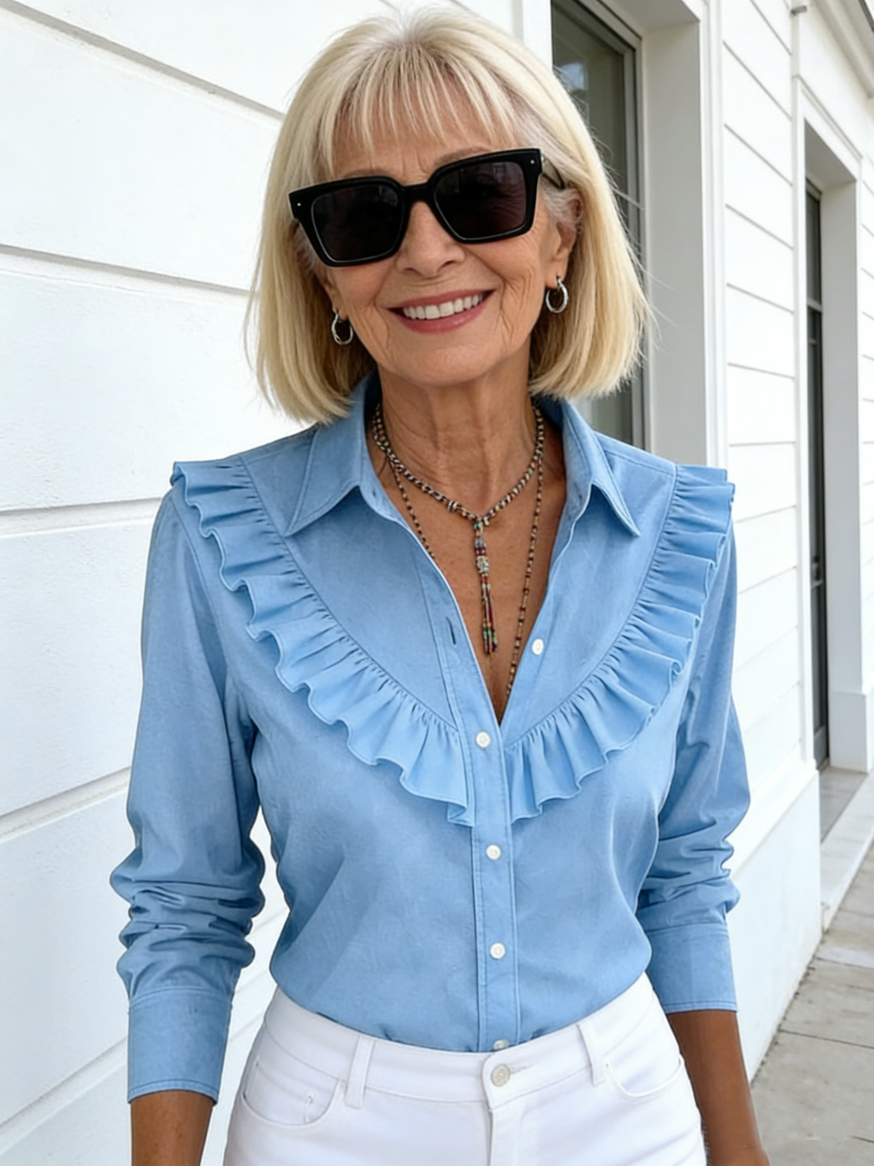 Women's Solid Color Shirt Collar Long Sleeve Casual Loose Ruffle Edge Cotton and Linen Top