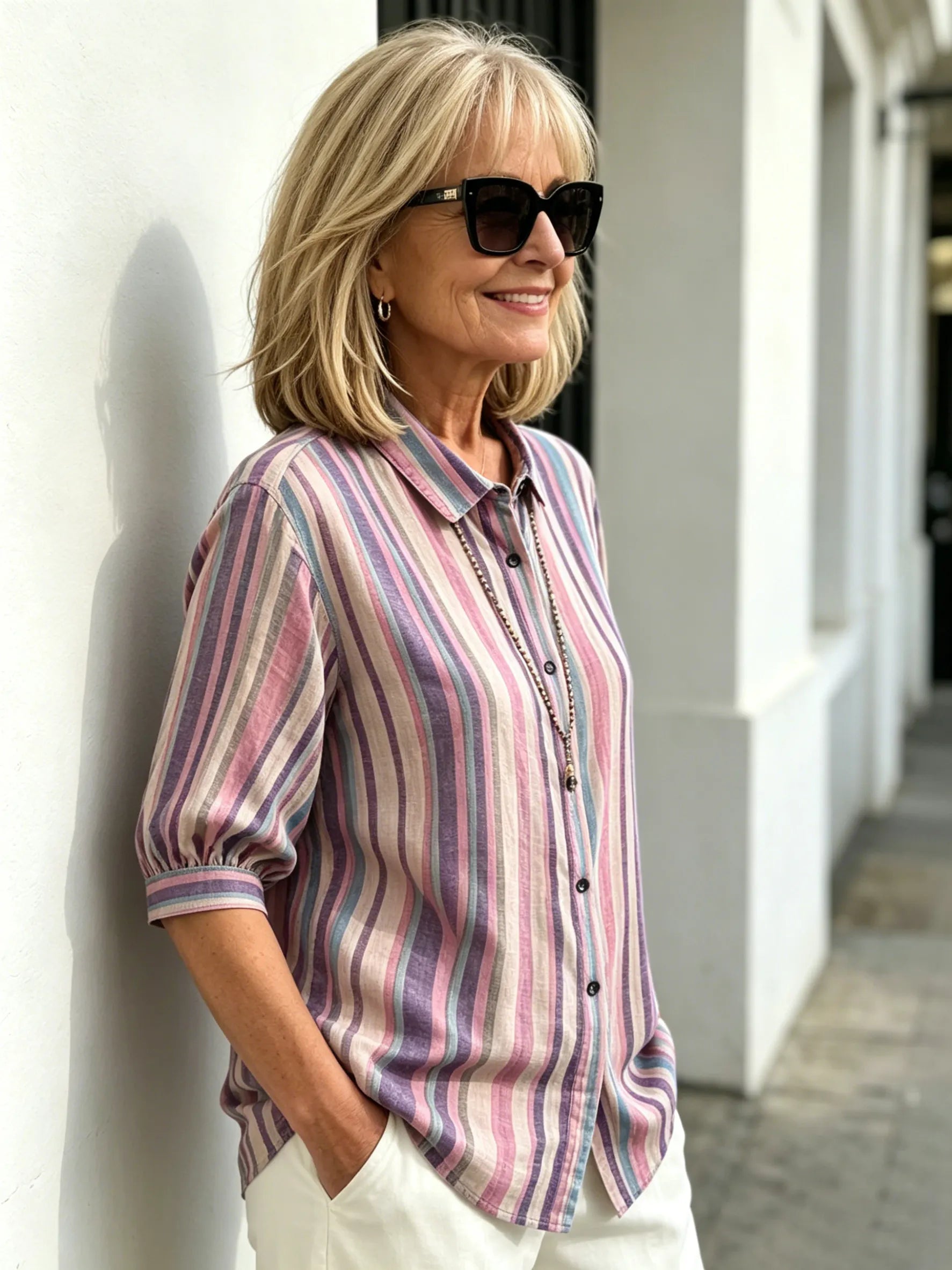 Contrasting Striped Shirt Lapel Single-breasted Medium Sleeve Top Women's Shirt