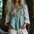 Bohemian Style Linen Floral Art Print Long Sleeve Shirt
