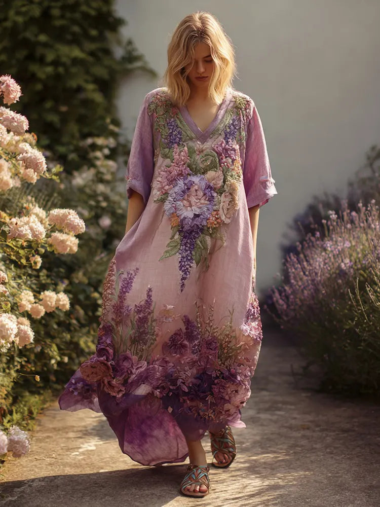 Women's Vintage Lupine And Floral Embroidery V-neck Long Sleeve Dress