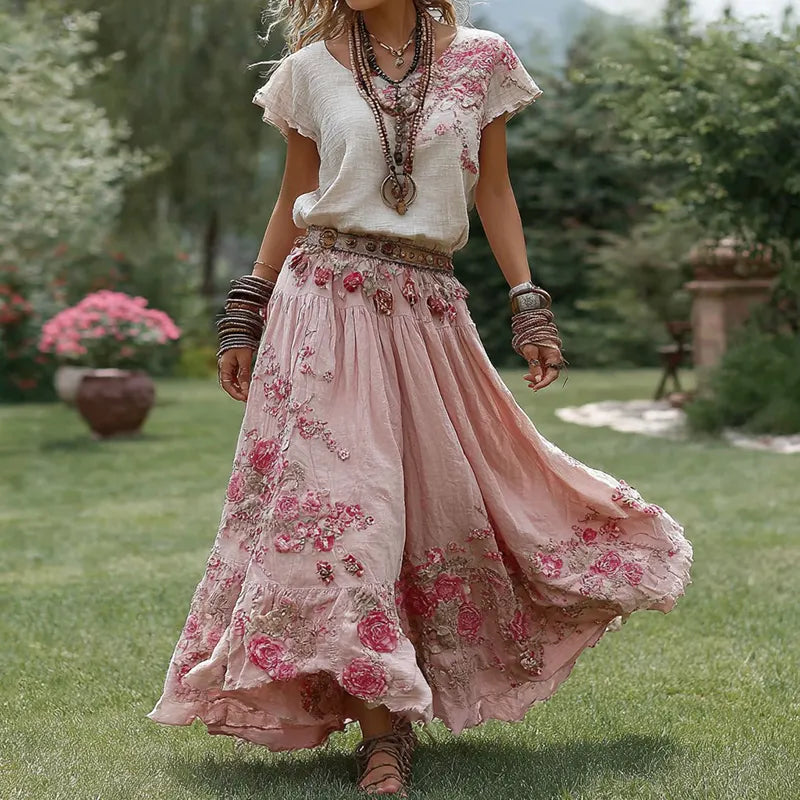 Women's Vintage Pink Rose Floral Skirt