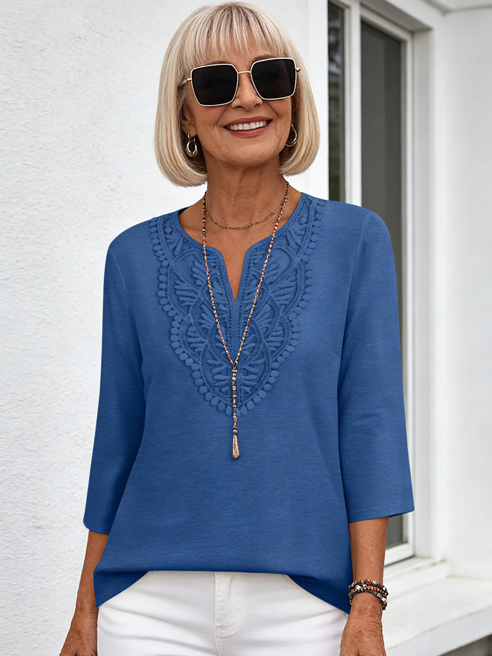 V-neck Lace Splicing Loose Women's Solid Color Seven-quarter Sleeve T-shirt Top Solid Color