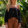 Women's Casual Ethnic Retro Embroidered Off-shoulder Long-sleeved Shirt