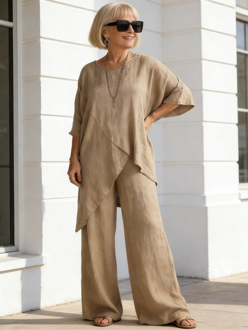2Pcs Set Cotton and Linen Sleeves Round Neck Loose Casual Irregular Hem Set