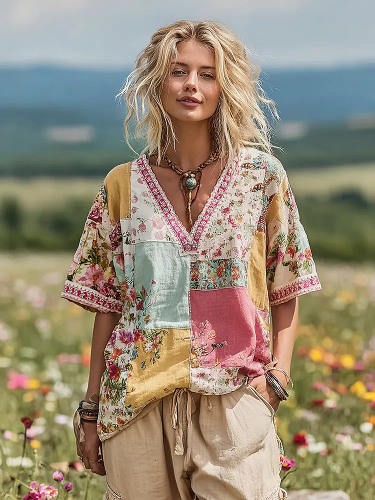 Women's Vintage Floral Art  V-neck T-shirt